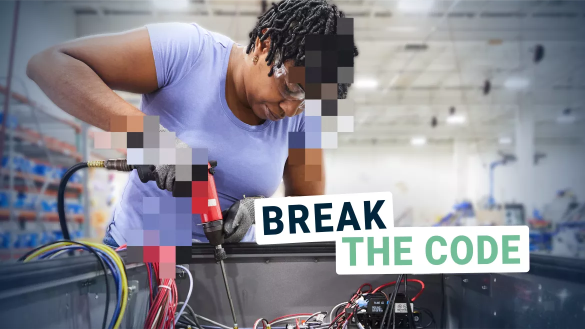 A focused technician wearing safety glasses and protective gloves uses a power tool to work on the internal wiring of an industrial unit. Large, stylized text in the foreground reads 'BREAK THE CODE'